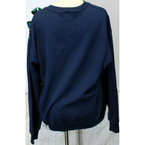 Hand Decorated Navy Sweatshirt Plaid 3D Bow Painted Design Women L Platinum Swea - Picture 4 of 7